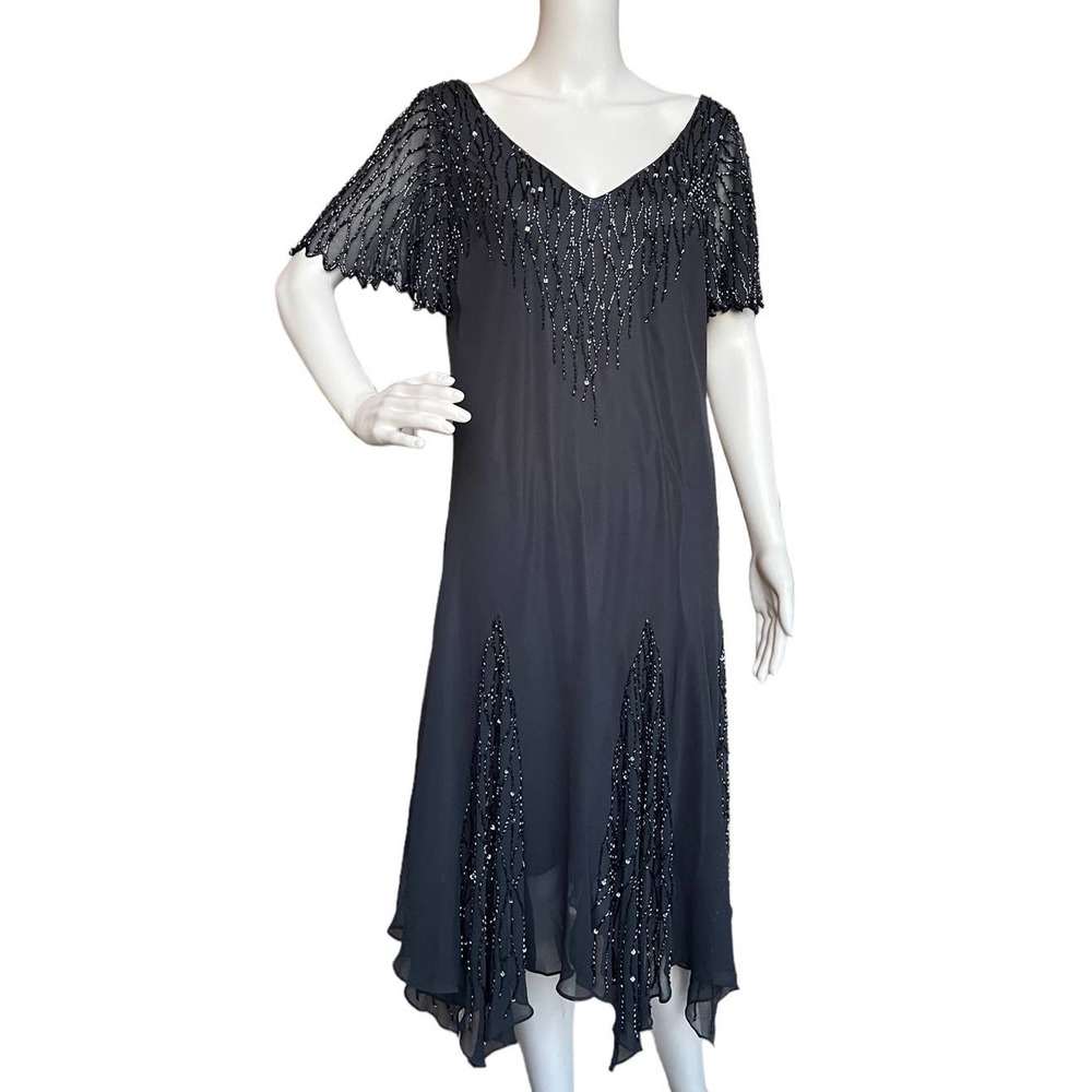 VINTAGE BEADED EVENING DRESS WITH HANDKERCHIEF HEM WOMEN SIZE M/L - Picture 2 of 14